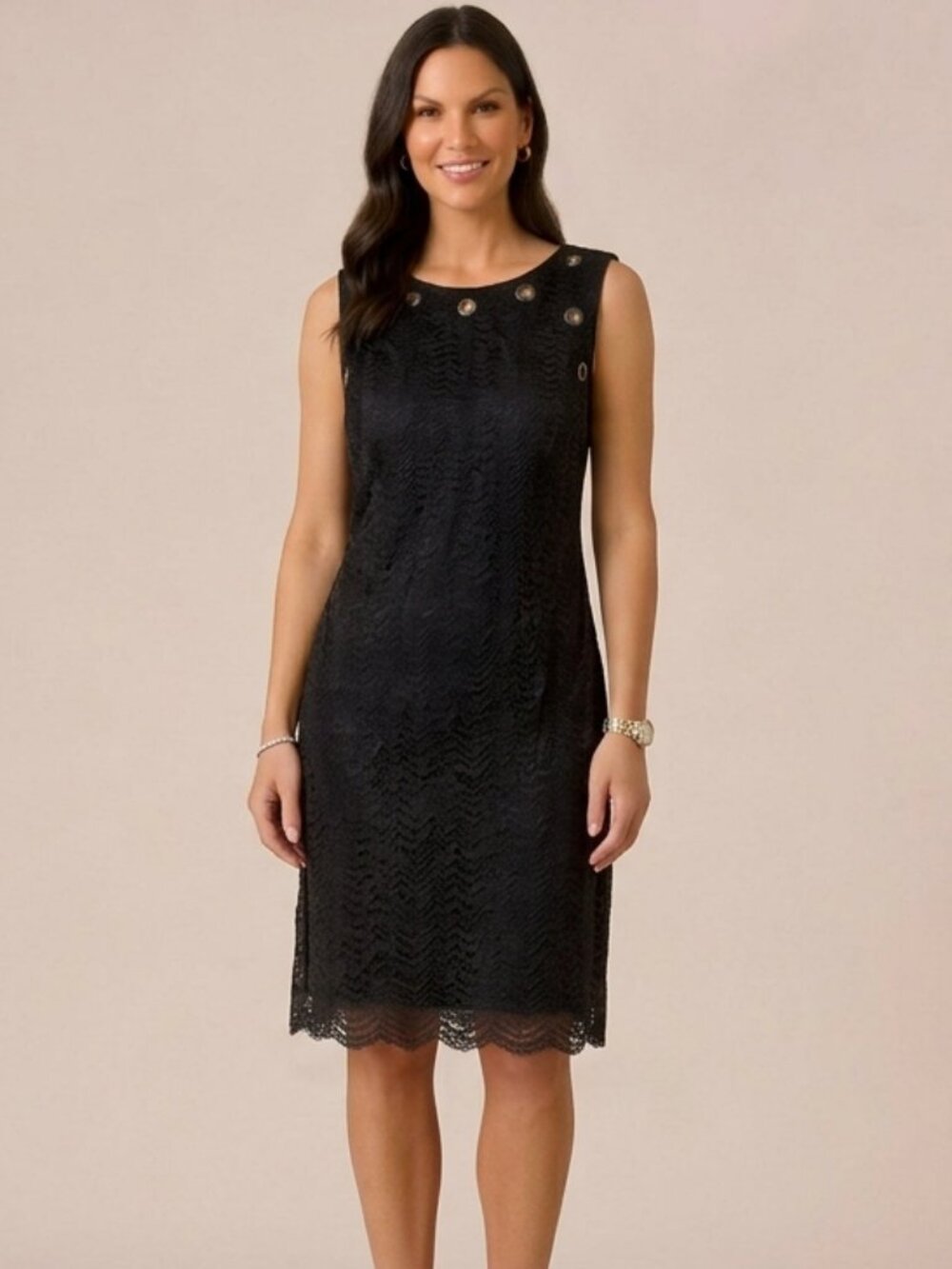 NWT Chetta B Black Grommet-Detail Lace Dress in Premium Floral Lace Size: 14